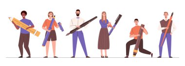 Kalemleri ve kalemleri olan bir grup insan. Erkekler ve kadınlar yazıp çiziyor. Gazeteciler, metin yazarları, yazarlar ve editörler. Tasarımcılar ve sanatçılar. Çizgi film düz vektör koleksiyonu beyaz arkaplanda izole edildi