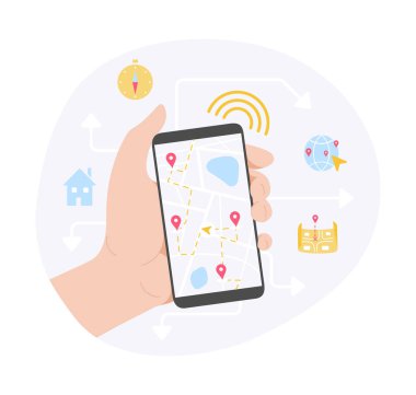 Mobil GPS navigasyon konsepti. Şehir haritası ve konum simgelerini içeren akıllı telefonları elinde tut. Güzergahı ve doğru hareket yönünü arayın. Seyahat ve adres araması. Çizgi film düz vektör çizimi