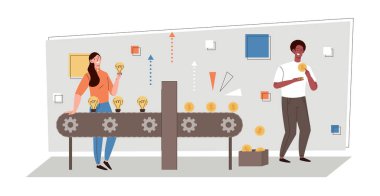 Yaratıcı fikrin paraya çevrilmesi. Genç bir kadın taşıyıcıya ampul takar ve erkeğe altın sikke verilir. Karakterler fikri mülkiyetten gelir veya kâr elde ederler. Çizgi film düz vektör çizimi