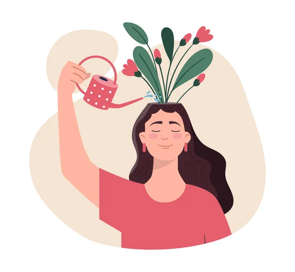 ポジティブな考え方をする 水を飲むことができる彼女の頭の上に花を咲かせます 意識のある女性の楽観主義者 良い気分とハッピーキャラクター 良い考えを象徴する 漫画フラットベクターイラスト — ストックベクタ