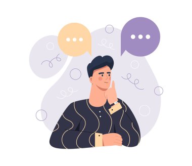 İkilem kavramı. Adam onaylıyor. Fikir metaforu, seçenekleri değerlendirmek. İçgörü, karakter iki seçenekten hangisini seçeceğini bilir. İnsan önemli bir karar verir. Çizgi film düz vektör çizimi