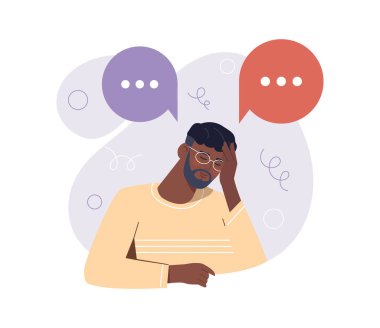 İkilem kavramı. Genç adam oturuyor, elleriyle başını destekliyor. Üzgün karakter seçenekleri, stresi ve zihinsel çalışmayı değerlendirir. Çıkmaz ve belirsizliği düşünüyorum. Çizgi film düz vektör çizimi