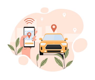 Araba değiştirme servisi. Arabanın arka planında akıllı telefon var. Modern teknoloji ve güzergah, haritadaki araç takibi, şehir veya kasabada rahat seyahatler. Çizgi film düz vektör çizimi