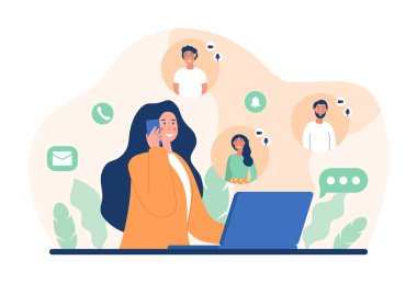 Toplantıdaki genç kadın. Telefondaki kız arkadaşlarıyla ve iş arkadaşlarıyla iletişim kuruyor. Modern teknolojiler ve video konferansı, sosyal ağlar. İş görüşmeleri. Çizgi film düz vektör çizimi