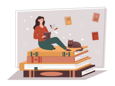 Kitap okuyan kadın. Eğitim ve kişisel gelişim metaforu. Öğrenci ve yararlı hobi, edebiyat tutkusu. Dünya edebiyatı günü için tebrik kartları hazırlıyorum. Çizgi film düz vektör çizimi