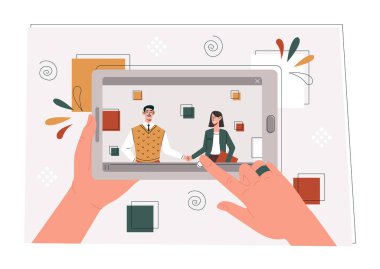 Video oynatan bir telefon. Akıllı telefonu ve interneti olan eller. Modern teknolojiler ve dijital dünya. Yaratıcı karakterler, popüler blogcular, eğlence sektörü. Çizgi film düz vektör çizimi