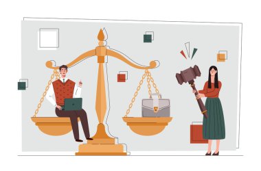 Hukuk ve adalet. Erkek ve kadın terazinin, yasaların yanında. Avukat takımı, modern telif hakkı koruması. Yasal danışmanlık, danışmanlık. Sembol ve metafor. Çizgi film düz vektör çizimi