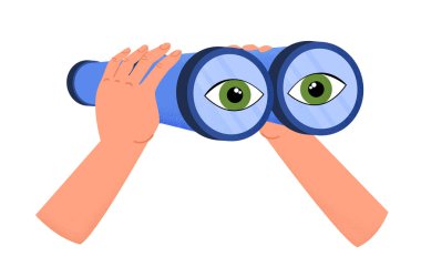 Dürbün tutan eller. Şirketteki çalışanların denetlenmesi ya da işe alınması için metafor. Personel genişlemesi ya da casusluk. Başkasının hayatıyla ilgilenen bir karakter. Çizgi film düz vektör çizimi