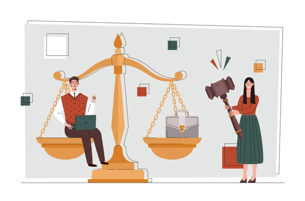 法と正義 スケールの隣にいる男女 弁護士チーム 現代の著作権保護 法務アドバイス コンサルティング シンボルとメタファー 漫画フラットベクターイラスト — ストックベクタ