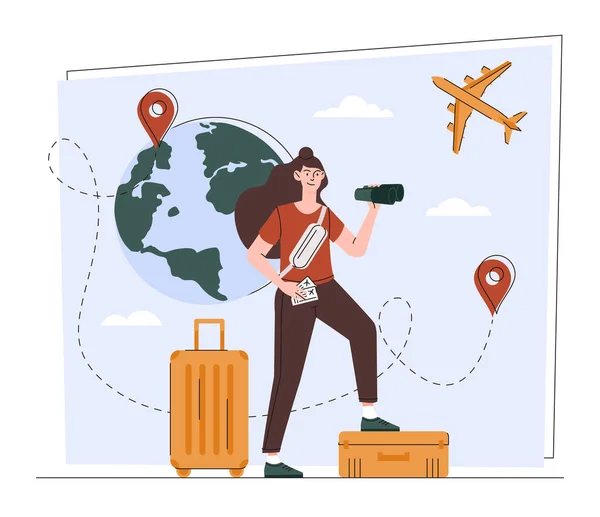 Kadın Turist Konsepti Dürbünlü Bir Kız Turist Tatil Metaforu Seyahat — Stok Vektör