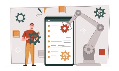 Dijital çağ konsepti. Akıllı telefonun arka planında elinde teçhizat olan adam. Teknik destek ve programcı metaforu. Modern teknolojiler ve yenilikler. Çizgi film düz vektör çizimi