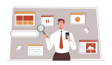 Tarayıcı kullanan bir iş adamı. Takım elbiseli adam büyüteç tutuyor. Çalışkan bir çalışan, planlama ve programlama için elverişli bir başvuru. Zaman yönetimi ve motivasyon. Çizgi film düz vektör çizimi
