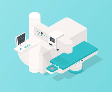 LASIK aygıt konsepti. Özel ekipman, yenilik ve gelecek teknolojisi. Araştırma için yatak, bilim. Tıbbi site afişi ya da afişi. Kapsamlı teşhis. İzometrik vektör illüstrasyonu