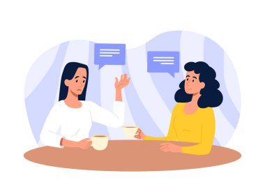 Kadınlar konseptten şikayetçi. Kız arkadaşlar tecrübelerini ve güncel haberleri paylaşırlar. Psikolojik sorunlar, zihinsel yardım ve destek. Düzensizlik, hüsran ve depresyon. Çizgi film düz vektör çizimi
