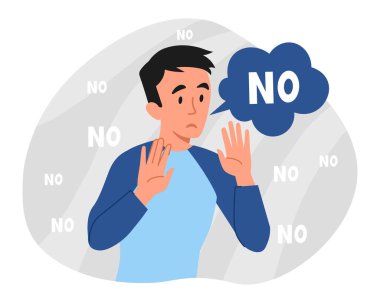 Reddetme kavramı. Adam ellerini uzatır ve hayır der, karakter gerçekleri reddeder. Tartışma ve anlaşmazlık. Web sitesi için grafiksel poster veya afiş, başarısız müzakereler. Çizgi film düz vektör çizimi