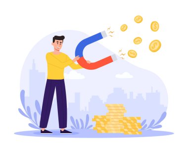 Yatırım eğlencesi konsepti. Mıknatısı olan adam sikkeleri çeker. Finansal okur yazarlık, acemi yatırımcı ya da girişimci. Pasif gelir ve kazanç yöntemleri, para. Çizgi film düz vektör çizimi