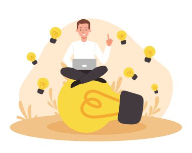 Fikir kavramı. Dizüstü bilgisayarı olan adam yanan ampulün üzerine oturur. Yaratıcılık ve analiz, beyin aktivitesi. Girişimci yenilikler yapar ve para kazanır. Yaratıcı kişi. Çizgi film düz vektör çizimi