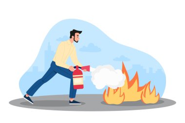 Adam ateşi söndürüyor. Yangın söndürücü, güvenlik ve tehlikeli durumlarla dolu bir karakter. İtfaiyeci sorunu çözer. Acil durum ve dikkat. Günlük giysiler içinde erkek işçi. Çizgi film düz vektör çizimi