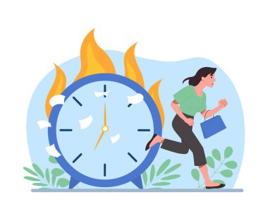 Saati yanan bir iş kadını. Son teslim tarihi metaforu, kız geçiyor. Sorumlu çalışan, kötü yönetim. Zamanında yetişmek için acele ediyorlar. Ateş ve alev. Çizgi film düz vektör çizimi