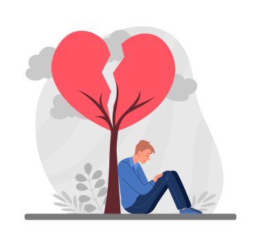 Kalbi kırık bir adam. Özel hayatla ilgili sorunlar. İnsan solmuş ağacın yanında oturur. Depresyon ve üzüntü, karakter ayrılıktan çok üzgün. Trajedi ve hüsran. Çizgi film düz vektör çizimi
