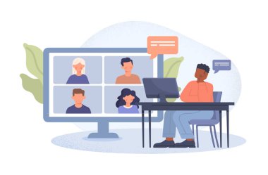 Video konferans konsepti. Monitörün önündeki adam iş arkadaşlarıyla iletişim kuruyor, görüntülü görüşme ya da konferans. Sosyal ağlar, uzaktan çalışma toplantısı, beyin fırtınası. Çizgi film düz vektör çizimi