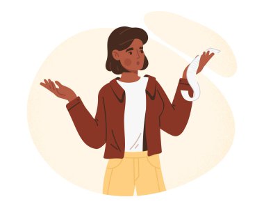 Şok olmuş insan konsepti. Elinde çek, mali okur yazarlık ve yükselen fiyatlarla genç bir kız. Kriz, sorunlar, yoksulluk. Karakterde kağıt makbuz var. Çizgi film düz vektör çizimi