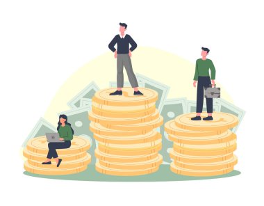 Maaş ve gelir. Erkekler ve kızlar farklı para yığınları, ayrımcılık ve sosyal eşitsizlik üzerinde duruyorlar. Çeşitli profesyonellerin maaşlarının metaforu, zenginlik. Çizgi film düz vektör çizimi