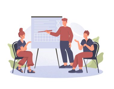 Öğrenme kavramı. Grafik ve çizelgelerin yanındaki kadın ve erkekler. Toplantı ve müzakere, sunumdaki karakterler, kurs ve master sınıfı. Modern eğitim. Çizgi film düz vektör çizimi