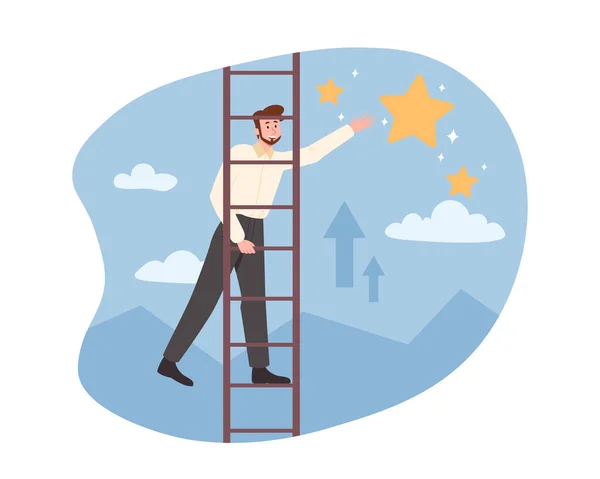 ビジネスチャンスの概念 男は階段を登る スター モチベーションポスター バナーを収集する起業家 自己開発と企業収入の増加 漫画フラットベクターイラスト — ストックベクタ