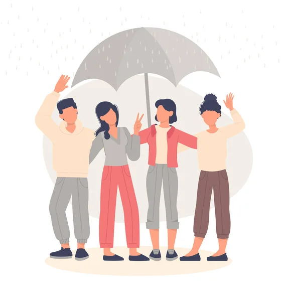 Koncept Podpory Muži Dívky Objímají Pod Deštníkem Přátelé Venku Podzim — Stockový vektor