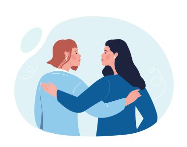 Kadınlar birbirlerine sarılırlar. Kız arkadaş geçmişi, özen, destek ve birlik. İyi bir ilişki ve saygı. Eşitlik, hoşgörü ve kadın dayanışması, feminizmi. Çizgi film düz vektör çizimi