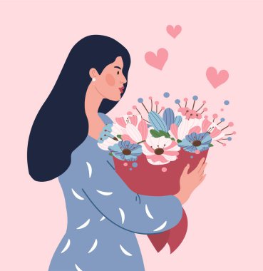 Çiçekli güzel kadın. Genç bir kız hediye ya da hediye, romantik bir randevu ve aşk. Kartlar için şık tasarım. Uluslararası tatiller, sevgililer günü ve 8 Mart. Çizgi film düz vektör çizimi