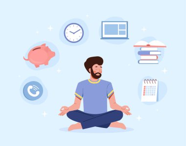 Lotus pozisyonunda bir iş adamı. Sakinlik ve iç denge için metafor. Aşırı yüklenmiş girişimci ve akıl sağlığı. Çoklu görev karakteri programı, zaman yönetimini oluşturur. Çizgi film düz vektör çizimi