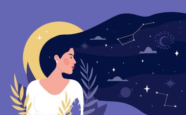 Saç gecesi konsepti. Soyut görüntüler, galaksi ve evren. Takımyıldızları ve Samanyolu. Bilimsel araştırma, astronomi ve astroloji. Yenilik ve gelecek, kadın. Çizgi film düz vektör çizimi