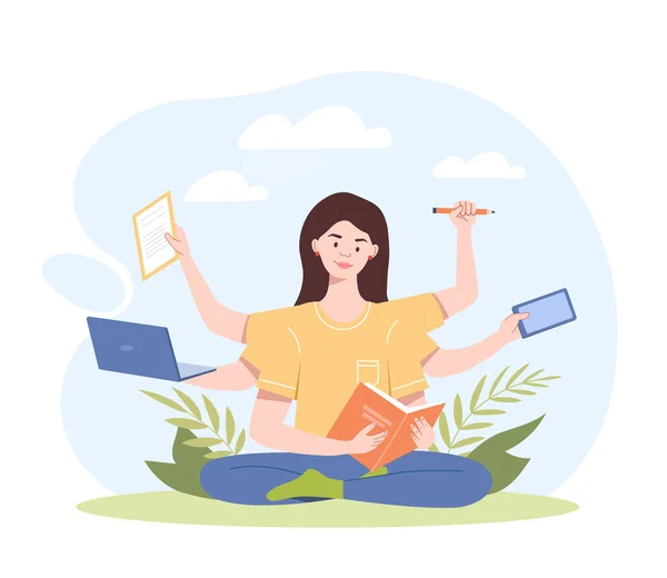 Multitasking Businesswoman Concept Girl Lotus Position Many Hands Entrepreneur Talented — Stock Vector