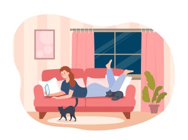 Evde dinleniyorum. Tabletli kız kanepede yatıyor. Evcil hayvanları ve kedileri olan bir ev sahibi. Rahat ve rahat genç bir kız. Hafta sonları ve dinlenme evinde, sosyal ağda. Çizgi film düz vektör çizimi