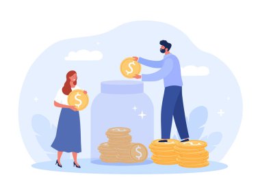 Para biriktirme kavramı. Erkekler ve kızlar kavanoza bozuk para koyar. Mali okur yazarlık ve tasarruf metaforu. Dolar ve bozukluklar. Aile bütçesi oluşturur. Yatırım ve bankacılık. Çizgi film düz vektör çizimi