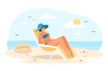 Mayo yaz konsepti. Güneşte uzanan genç kız. Tropik plajda rahatla, iyileş. Elinde kokteyl ile güneşlenen bir karakter. Tatil ve macera. Çizgi film düz vektör çizimi