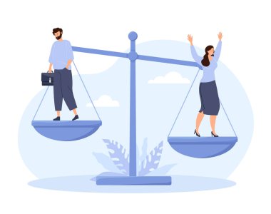 Kadın erkeği yeniyor. Çalışanlar terazinin üzerinde durur, şirket için önem arz eden bir metafor. İş adamı ve iş kadını. Kadın liderlik mi yoksa iş zaferi mi? Çizgi film düz vektör çizimi