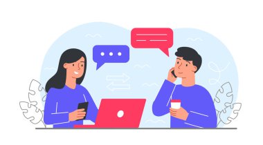 İşçi dizüstü bilgisayarla oturur. Telefonla kahve içen bir adam, aynı proje üzerinde çalışan iş arkadaşları. Takım çalışması ve çalışanlar. Modern teknolojiler ve internet bağlantısı. Çizgi film düz vektör çizimi