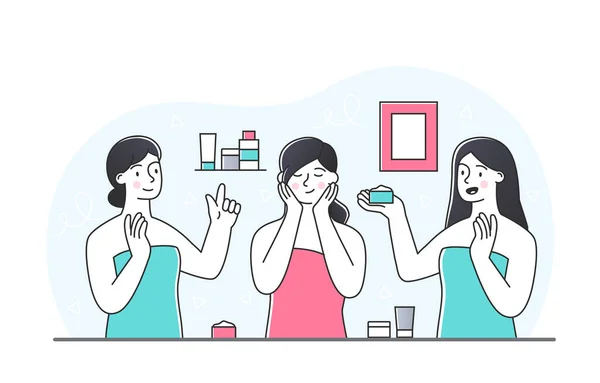 皮肤护理的概念 女人们在浴室里谈论她们最喜欢的奶油 恢复治疗皱纹和痤疮 青春与美丽 公寓里的朋友 卡通平面矢量插图 — 图库矢量图片