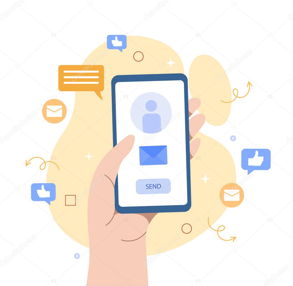 Smartphone in hand. Modern technologies and digital world, social networks and communication on Internet. Chatting and messengers. E mail and post promotion. Cartoon flat vector illustration
