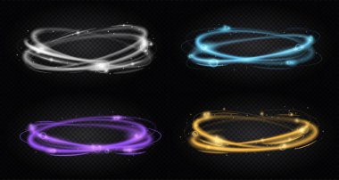 Parlak ateş halkaları. Site için elementlerin toplanması, modaya uygun uzay tasarımı. Büyü ve büyüye hazır ol, cadı aura. Siyah şeffaf arkaplanda izole edilmiş Isometric gerçekçi vektör çizimleri