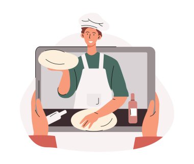 Evde yemek pişirir. Akıllı telefondan video izleme, çevrimiçi kurslar ve yemek tarifi. Mutfakta elinde hamurla genç bir adam, ev işi. Çizgi film düz vektör çizimi