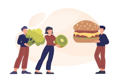 Sağlıksız beslenme konsepti. Brokoli ve kivili karakterler hamburgerli adamın yanında. Diyet ve tayın, aktif ve yerleşik yaşam tarzı. Vejetaryenler fast food 'a karşı. Çizgi film düz vektör çizimi