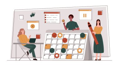 Etkili zaman kavramı. Erkekler ve kızlar takvimde iz bırakır. Planlama ve zaman yönetimi, sorumlu çalışanlar toplantıları işaretler. İnsanlar çalışma sürecini organize eder. Çizgi film düz vektör çizimi