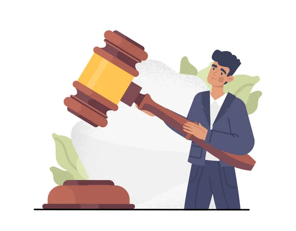 裁判官のコンセプト 人間はハンマーで 法律の比喩と司法決定の採択に当たる 弁護士が大きなタケルを持っている 司法メタファーを実行する弁護士 漫画フラットベクターイラスト — ストックベクタ