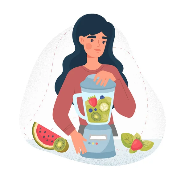 健康饮食的概念 女孩用水果 维生素和适当的营养制作饮料 节食减肥和积极的生活方式 运动和健身 女人与搅拌机 卡通平面矢量插图 — 图库矢量图片