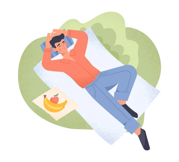 Relaxed Man Outdoor Young Guy Lying Blanket Fruit Weekend Rest — Stock Vector