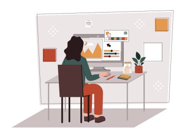 Grafik tasarımcısı konsepti. Kız bilgisayarın başına oturur ve site için grafik elementler oluşturur. Resimler ve görüntüler. Serbest çalışan ya da uzaktan çalışan, birlikte çalışan ve dış kaynak kullanan. Çizgi film düz vektör çizimi